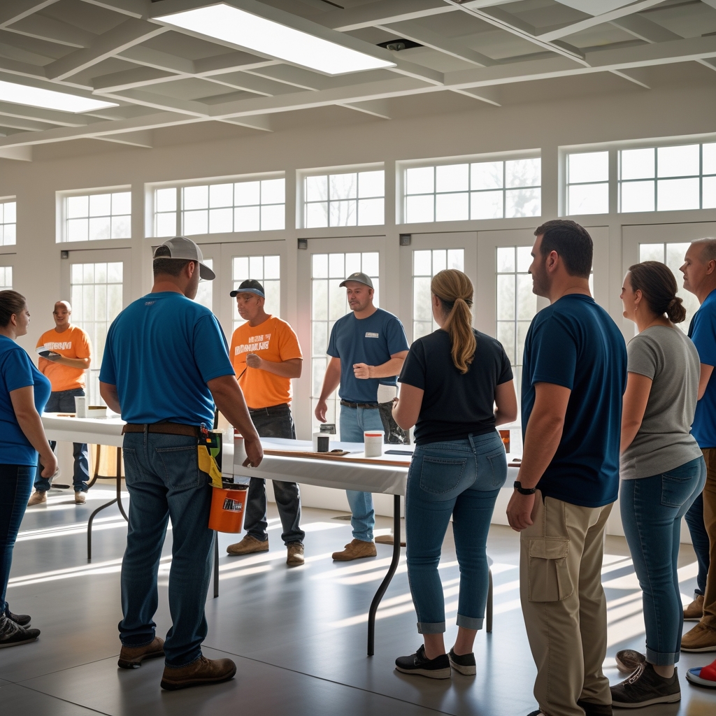 Home improvement workshop event with attendees gathered around demonstration table