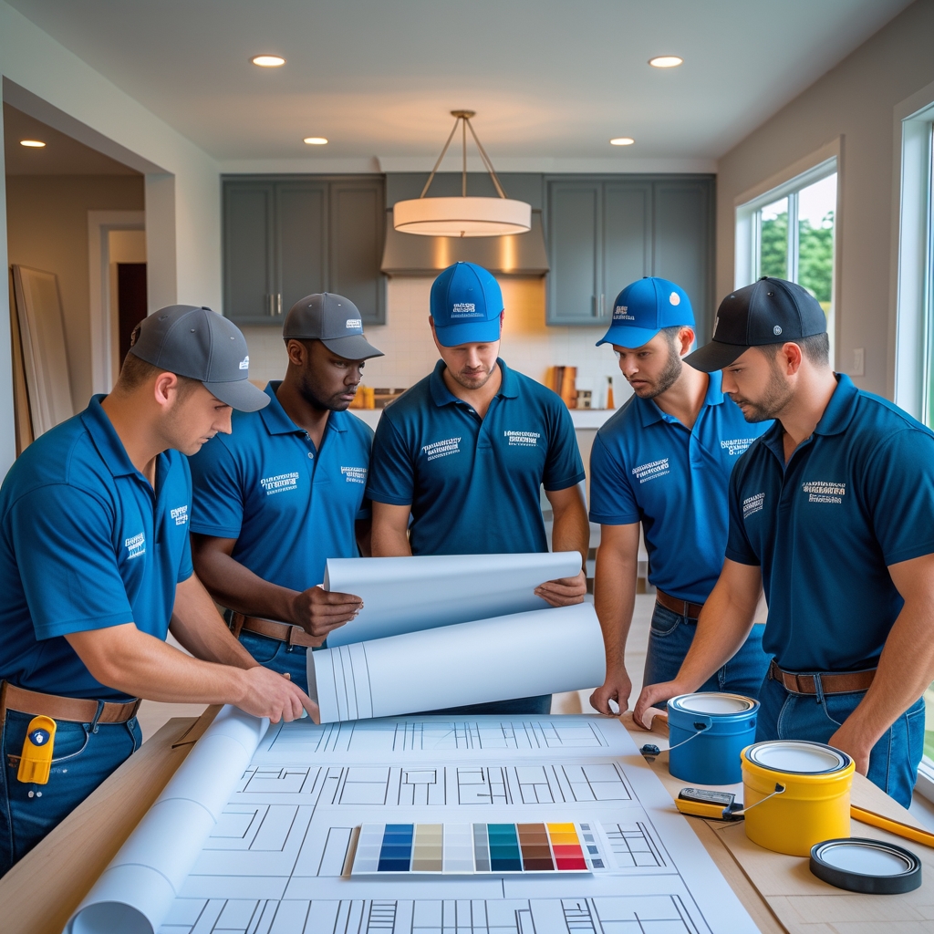 Professional painting contractor team reviewing blueprints at a home renovation site
