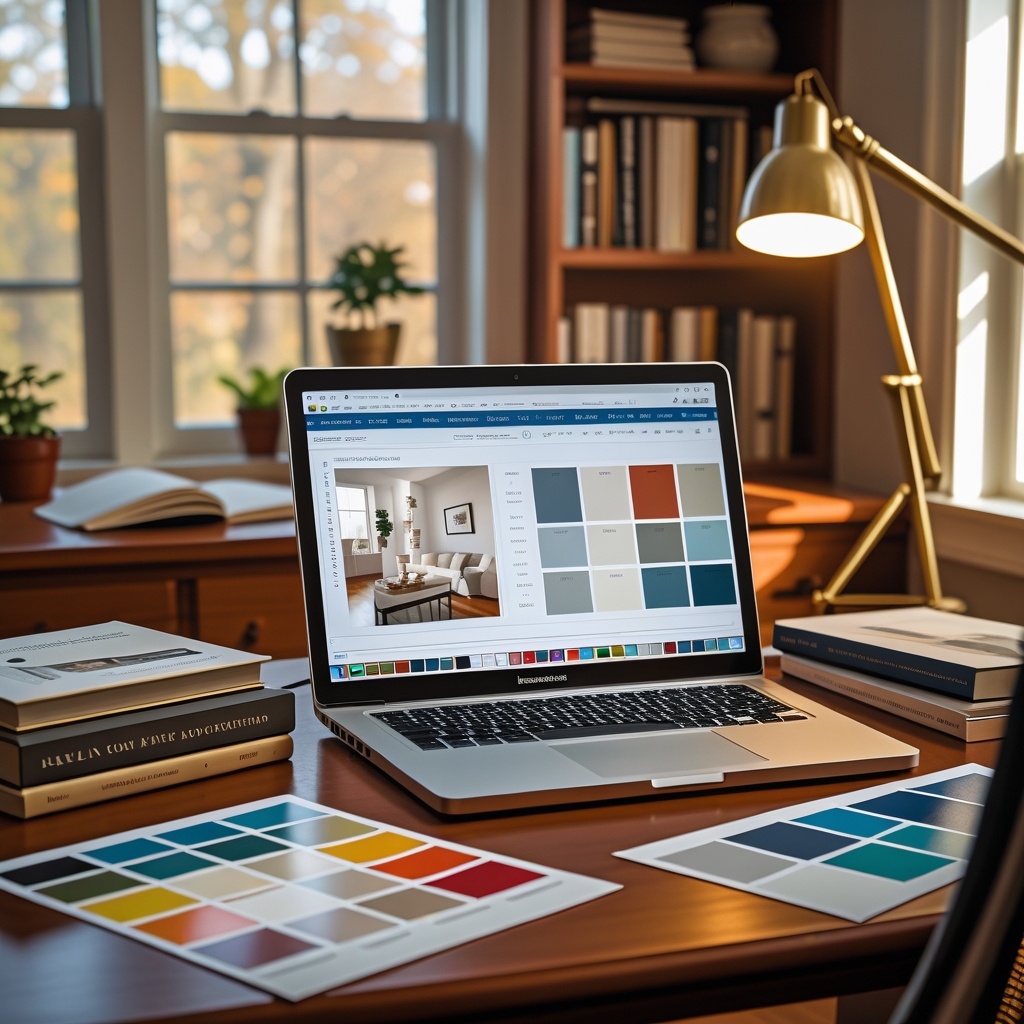 Home improvement blogger workspace with laptop showing renovation plans