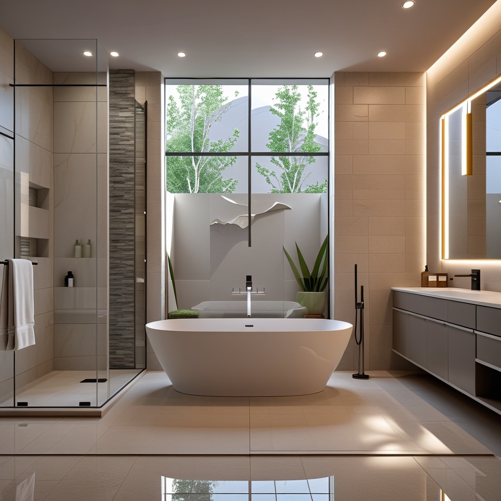 Completed luxury bathroom renovation with freestanding soaking tub